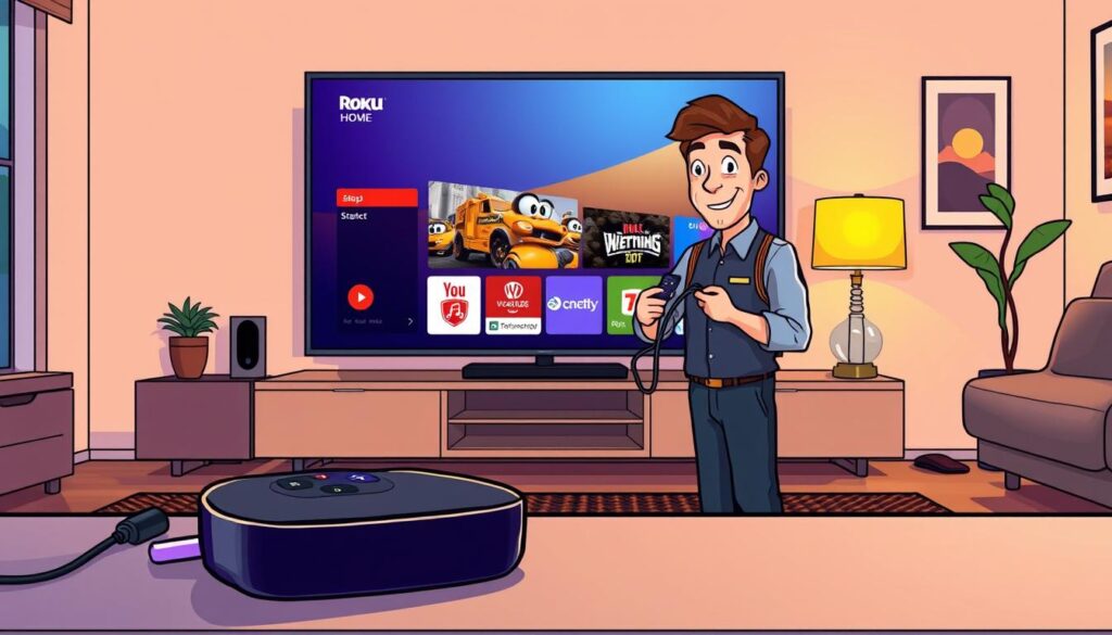 An organized and detailed step-by-step IPTV installation process on a Roku device, illustrated in a modern living room setting. The foreground features a Roku device prominently positioned on a sleek media console alongside a remote control. In the middle ground, a friendly technician in professional attire is shown carefully connecting cables, looking focused and diligent. The background displays a large television screen showcasing the Roku home interface with vibrant colors. Warm, ambient lighting creates a welcoming atmosphere, enhancing the homey feel. The angle is slightly above eye level, providing a comprehensive view of the entire installation scene, emphasizing clarity and instructional value. The mood is encouraging and informative, perfect for guiding users through the setup process. An organized and detailed step-by-step IPTV installation process on a Roku device, illustrated in a modern living room setting. The foreground features a Roku device prominently positioned on a sleek media console alongside a remote control. In the middle ground, a friendly technician in professional attire is shown carefully connecting cables, looking focused and diligent. The background displays a large television screen showcasing the Roku home interface with vibrant colors. Warm, ambient lighting creates a welcoming atmosphere, enhancing the homey feel. The angle is slightly above eye level, providing a comprehensive view of the entire installation scene, emphasizing clarity and instructional value. The mood is encouraging and informative, perfect for guiding users through the setup process.