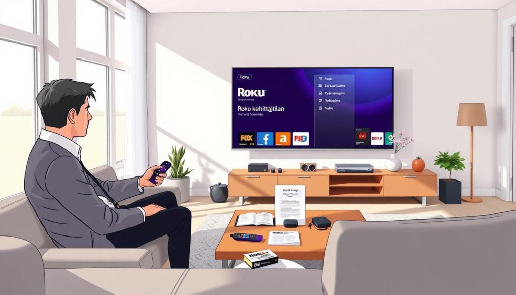 A bright, modern living room featuring a sleek, large flat-screen TV displaying the Roku menu interface, focusing on the activation of "Roku kehittäjätilan." In the foreground, a professional-looking individual, dressed in business casual attire, is sitting on a comfortable couch, intently using a remote control. The scene is well-lit with natural light streaming in through large windows, casting soft shadows and creating a warm atmosphere. In the middle ground, a stylish coffee table is adorned with tech gadgets and a user-friendly guide to setting up the Roku. The background showcases a minimalistic design with contemporary decor, emphasizing a cozy yet tech-savvy environment, encapsulating the mood of a simple and efficient home entertainment setup. A bright, modern living room featuring a sleek, large flat-screen TV displaying the Roku menu interface, focusing on the activation of "Roku kehittäjätilan." In the foreground, a professional-looking individual, dressed in business casual attire, is sitting on a comfortable couch, intently using a remote control. The scene is well-lit with natural light streaming in through large windows, casting soft shadows and creating a warm atmosphere. In the middle ground, a stylish coffee table is adorned with tech gadgets and a user-friendly guide to setting up the Roku. The background showcases a minimalistic design with contemporary decor, emphasizing a cozy yet tech-savvy environment, encapsulating the mood of a simple and efficient home entertainment setup.