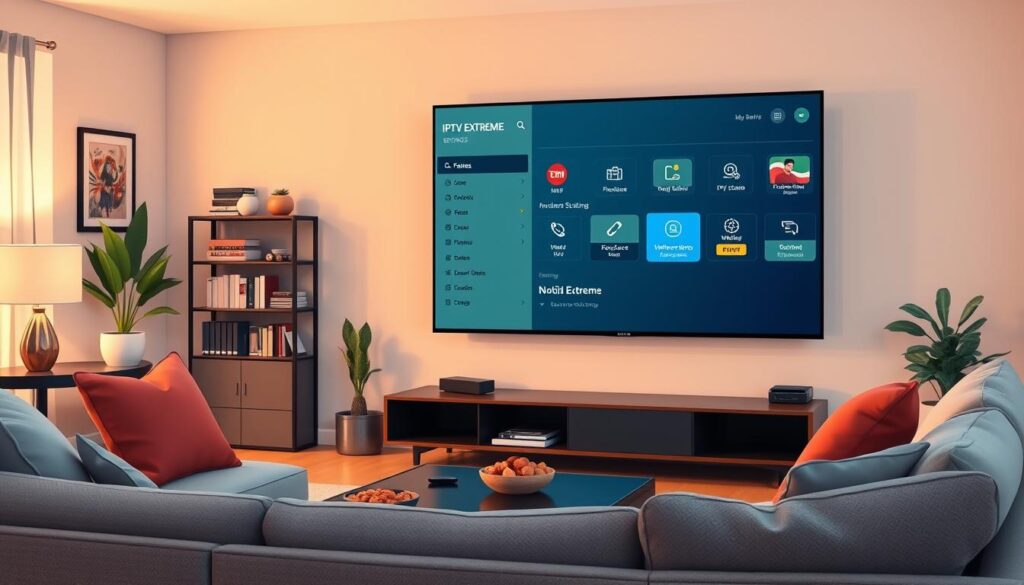 A clean and modern user interface of the IPTV Extreme app displayed on a large Nvidia Shield TV screen in a cozy living room setting. In the foreground, a well-organized living room with a stylish sofa, a coffee table with snacks, and subtle decorative elements. The TV screen prominently shows the IPTV Extreme settings and features, with distinct icons and menus. Soft ambient lighting creates a warm atmosphere, highlighting the screen’s vibrant colors and smooth graphics. In the background, a bookshelf with entertainment media and indoor plants adds a touch of homeliness. The scene conveys a relaxed and inviting mood, emphasizing comfort and functionality in media consumption. The image is captured at a slight angle to enhance depth, creating an engaging visual experience.
