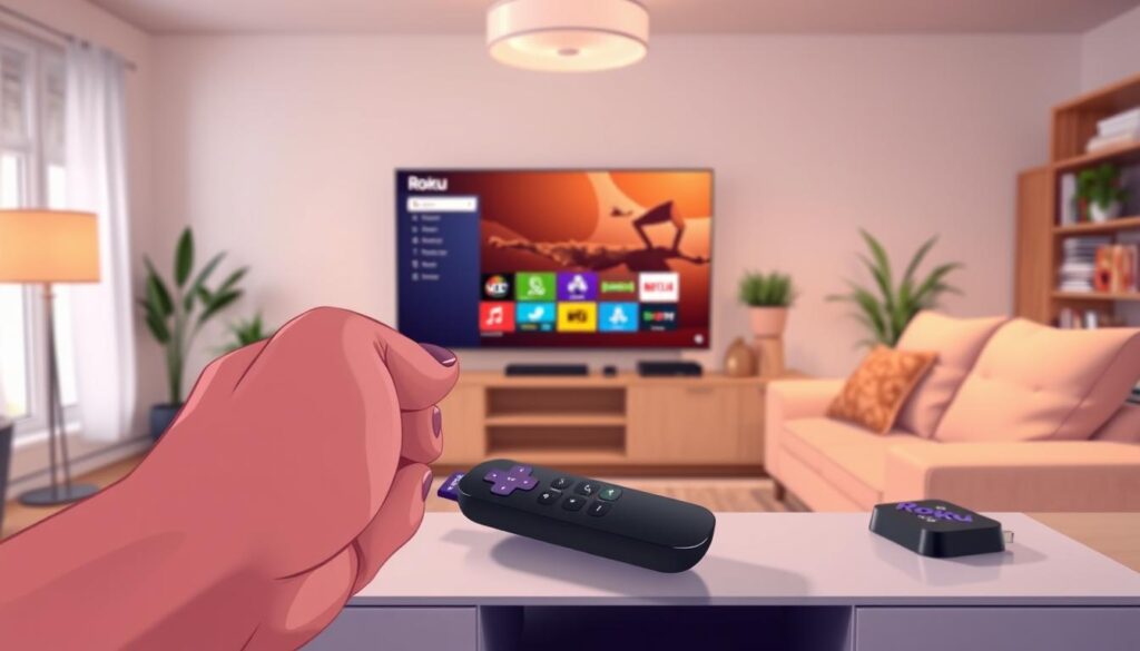 A clear, modern living room environment featuring a Roku device prominently displayed on a sleek entertainment center. In the foreground, a hand reaches towards the Roku remote, poised to make a selection, with a soft, inviting couch in the background. The middle ground showcases a large, high-definition TV displaying the Roku home screen with various app icons, creating a tech-savvy ambiance. Soft, warm lighting fills the room, enhancing a cozy and inviting atmosphere. The camera perspective is slightly elevated, looking down on the scene from an angle that highlights the Roku device's sleek design. Subtle decorative elements include potted plants and bookshelves, adding to the homely feel while ensuring the focus remains on the Roku device and the installation process. A clear, modern living room environment featuring a Roku device prominently displayed on a sleek entertainment center. In the foreground, a hand reaches towards the Roku remote, poised to make a selection, with a soft, inviting couch in the background. The middle ground showcases a large, high-definition TV displaying the Roku home screen with various app icons, creating a tech-savvy ambiance. Soft, warm lighting fills the room, enhancing a cozy and inviting atmosphere. The camera perspective is slightly elevated, looking down on the scene from an angle that highlights the Roku device's sleek design. Subtle decorative elements include potted plants and bookshelves, adding to the homely feel while ensuring the focus remains on the Roku device and the installation process.