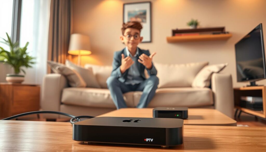 A close-up of a modern IPTV player connected to a sleek Apple TV in a cozy living room setting. In the foreground, the IPTV player is prominently displayed, with subtle indicators of connectivity issues like flashing lights. In the middle ground, a casual yet professional individual, dressed in modern attire, is seen gesturing towards the player, looking concerned but determined. The background features a comfortable sofa and a stylish entertainment unit, with soft ambient lighting enhancing the scene. The atmosphere conveys a mix of frustration and hope, capturing the essence of troubleshooting common installation challenges. The image should be warm and inviting, illustrating a relatable tech dilemma without any text or distractions. A close-up of a modern IPTV player connected to a sleek Apple TV in a cozy living room setting. In the foreground, the IPTV player is prominently displayed, with subtle indicators of connectivity issues like flashing lights. In the middle ground, a casual yet professional individual, dressed in modern attire, is seen gesturing towards the player, looking concerned but determined. The background features a comfortable sofa and a stylish entertainment unit, with soft ambient lighting enhancing the scene. The atmosphere conveys a mix of frustration and hope, capturing the essence of troubleshooting common installation challenges. The image should be warm and inviting, illustrating a relatable tech dilemma without any text or distractions.
