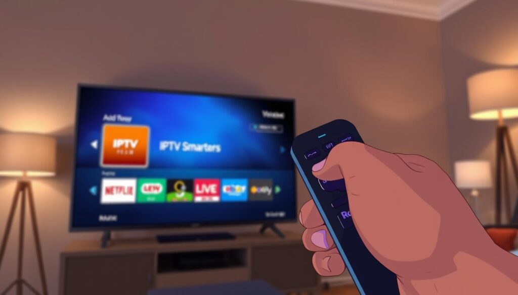 A close-up view of a Roku device displaying the IPTV Smarters interface on a high-definition television screen. In the foreground, a focused hand holding a Roku remote, poised to select the 'Add Channel' option. The middle ground features the sleek Roku device and the glowing screen filled with various app icons, including the IPTV Smarters logo. The background features a cozy living room setting, softly illuminated by ambient lighting from floor lamps, creating a warm and inviting atmosphere. The image captures a moment of user engagement, showcasing the modern technology in a comfortable home environment. The scene has a subtle depth of field, drawing attention to the screen and remote while keeping the background slightly blurred, enhancing focus on the interaction. A close-up view of a Roku device displaying the IPTV Smarters interface on a high-definition television screen. In the foreground, a focused hand holding a Roku remote, poised to select the 'Add Channel' option. The middle ground features the sleek Roku device and the glowing screen filled with various app icons, including the IPTV Smarters logo. The background features a cozy living room setting, softly illuminated by ambient lighting from floor lamps, creating a warm and inviting atmosphere. The image captures a moment of user engagement, showcasing the modern technology in a comfortable home environment. The scene has a subtle depth of field, drawing attention to the screen and remote while keeping the background slightly blurred, enhancing focus on the interaction.