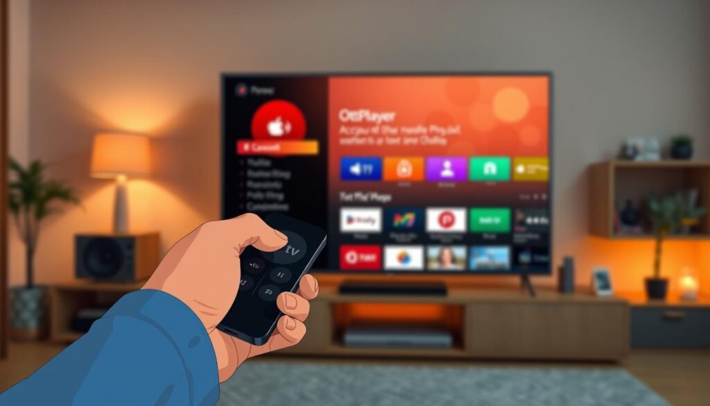 A close-up view of a modern TV screen displaying the OttPlayer app interface, showcasing the account creation process and playlist setup. In the foreground, a user’s hands are shown holding an Apple TV remote, poised over the interface, with fingers poised over the select button. The middle ground features the vibrant, colorful interface of the OttPlayer app, including interactive icons and a user-friendly layout. The background is softly blurred, suggesting a cozy living room setting, illuminated by warm ambient lighting giving a welcoming feel. The atmosphere is focused and engaging, suitable for an instructional context, with no people present, emphasizing the technology and user interaction.