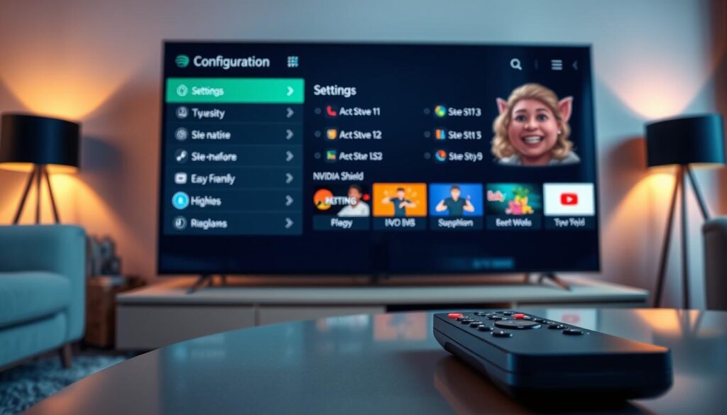 A close-up view of a modern television screen displaying the Lazy IPTV configuration settings interface, prominently featuring a sleek, user-friendly layout with colorful icons and easy-to-navigate menus. In the foreground, a glowing remote control rests on a stylish coffee table, hinting at a cozy living room setting. The middle ground showcases a well-organized media center with an NVIDIA Shield prominently displayed, surrounded by other streaming devices. In the background, soft ambient lighting creates a warm and inviting atmosphere, enhancing the home entertainment vibe. The scene captures a professional yet laid-back mood, emphasizing a smooth and enjoyable IPTV setup experience. Avoid any human figures to focus on the technology and its configuration.