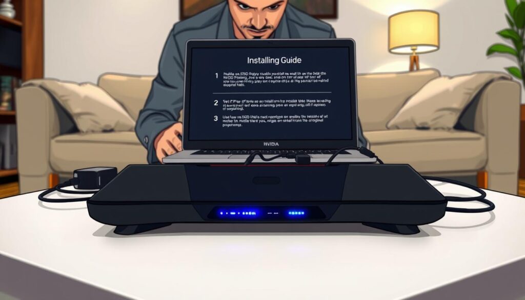 A close-up view of a person installing the IBO Player on an NVIDIA Shield, positioned on a sleek modern coffee table. The technician, dressed in smart casual attire, focuses intently on the setup, surrounded by various tech gadgets. The foreground features the NVIDIA Shield with vibrant LED lights glowing, showcasing its sleek design. In the middle, a laptop displays a step-by-step guide on the installation process, with wires and connectors subtly arranged. The background includes a cozy living room setting with soft ambient lighting, creating a warm and inviting atmosphere. The angle captures both the technical intricacies and the user-friendly nature of the setup, emphasizing a clear, concise guide to the installation process.