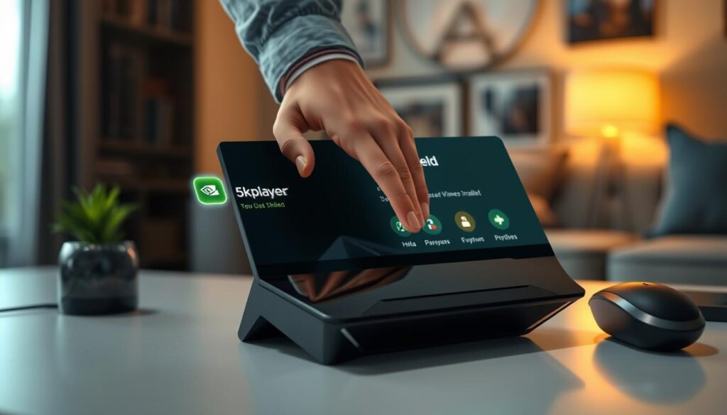 A close-up view of an Nvidia Shield device on a sleek, modern desk setup, focused on the user interface screen showing the 5KPlayer installation menu. The foreground features the device prominently, with detailed textures of the black plastic and metallic accents. In the middle, a hand gently navigating the screen, dressed in casual yet professional attire, is reaching toward the touchscreen interface. The background is softly blurred, revealing a cozy living room environment with low lighting, evoking a relaxed atmosphere. The lighting emphasizes the glow of the device's interface, creating a warm and inviting mood. Capture this with a shallow depth of field, ensuring the Nvidia Shield is the central focus of the composition. A close-up view of an Nvidia Shield device on a sleek, modern desk setup, focused on the user interface screen showing the 5KPlayer installation menu. The foreground features the device prominently, with detailed textures of the black plastic and metallic accents. In the middle, a hand gently navigating the screen, dressed in casual yet professional attire, is reaching toward the touchscreen interface. The background is softly blurred, revealing a cozy living room environment with low lighting, evoking a relaxed atmosphere. The lighting emphasizes the glow of the device's interface, creating a warm and inviting mood. Capture this with a shallow depth of field, ensuring the Nvidia Shield is the central focus of the composition.
