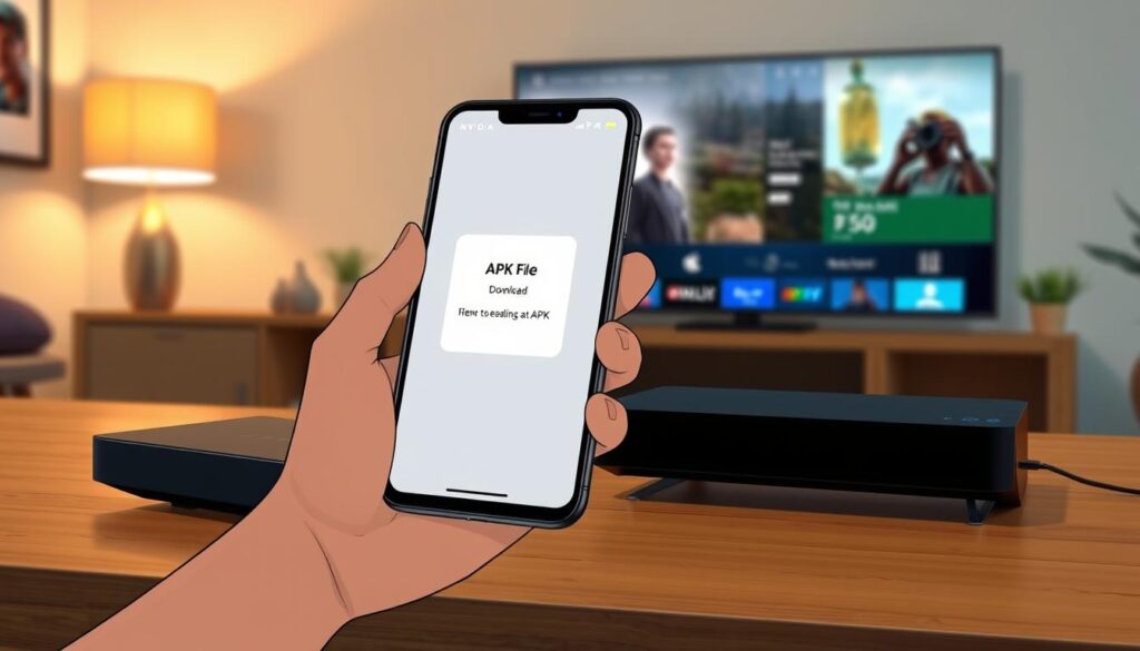 A close-up view of an Nvidia Shield streaming device sitting on a modern wooden desk, with a mobile device displaying an APK file download screen. The foreground features a hand gently holding the mobile device while the background includes a softly lit room with a large TV displaying an IPTV interface. The ambient lighting is warm and inviting, creating a cozy atmosphere. The angle is slightly tilted downwards for a dynamic perspective. The overall mood is focused and instructional, emphasizing the process of sideloading an APK. There are no people visible, allowing the viewer to concentrate on the technology and process. Ensure that the image has a clean aesthetic, free of distractions, with no text or branding visible.