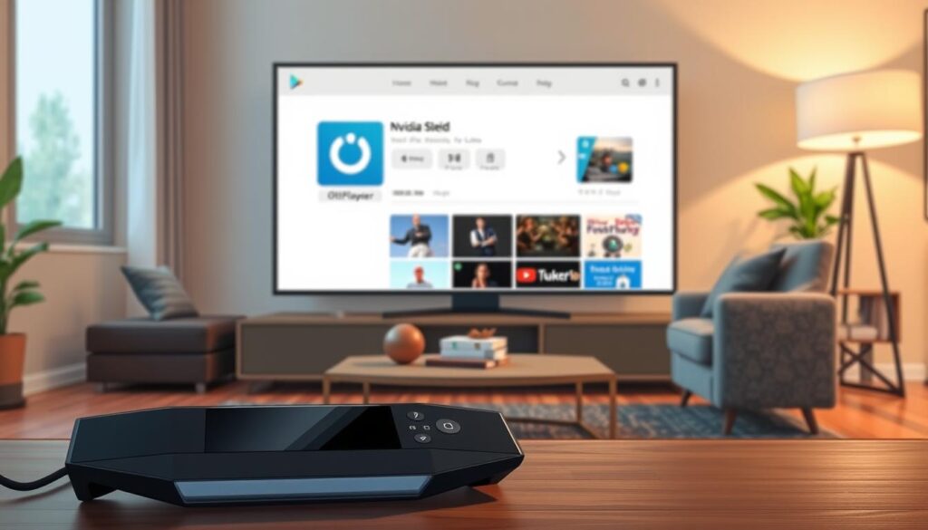 A contemporary home entertainment setup showcasing the Google Play Store interface as it appears on an Nvidia Shield. In the foreground, prominently display the Nvidia Shield device, with a remote control beside it. The middle ground features a large television screen displaying the OttPlayer app icon on the Google Play Store, emphasizing the installation process. The background should include a cozy living room ambiance with soft lighting, a stylish gray sofa, and a decorative coffee table. The scene captures a sense of modern technology integration in everyday life, reflecting a welcoming and tech-savvy atmosphere. Use warm tones to convey comfort, and ensure the focus is on the technology without text or distractions.