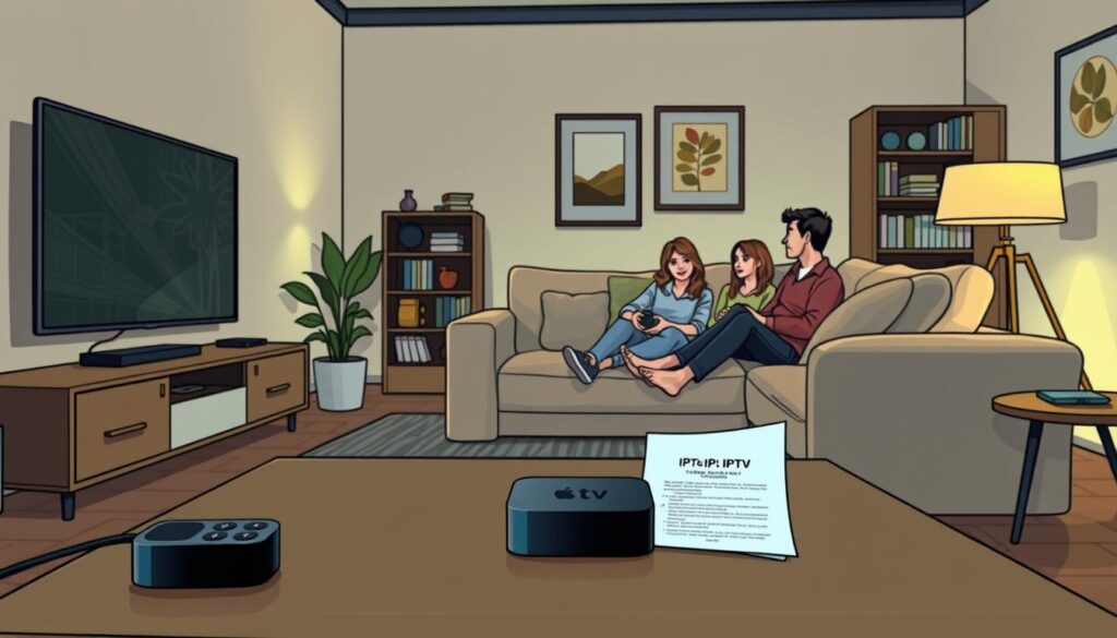 A cozy living room setting designed for IPTV viewing, showcasing an Apple TV connected to a sleek, modern television. In the foreground, a stylish coffee table is adorned with a remote control, snacks, and a user-friendly manual for IPTV setup. The middle ground features a plush sofa with a family enjoying a movie night, dressed in comfortable yet modest casual clothing. Soft ambient lighting creates a warm and inviting atmosphere, reflecting a relaxed yet attentive mood. The background shows tasteful wall art and a bookshelf with technology-related books, emphasizing an organized, tech-savvy environment. The overall composition captures the essence of an enhanced IPTV experience, focusing on comfort and enjoyment. A cozy living room setting designed for IPTV viewing, showcasing an Apple TV connected to a sleek, modern television. In the foreground, a stylish coffee table is adorned with a remote control, snacks, and a user-friendly manual for IPTV setup. The middle ground features a plush sofa with a family enjoying a movie night, dressed in comfortable yet modest casual clothing. Soft ambient lighting creates a warm and inviting atmosphere, reflecting a relaxed yet attentive mood. The background shows tasteful wall art and a bookshelf with technology-related books, emphasizing an organized, tech-savvy environment. The overall composition captures the essence of an enhanced IPTV experience, focusing on comfort and enjoyment.
