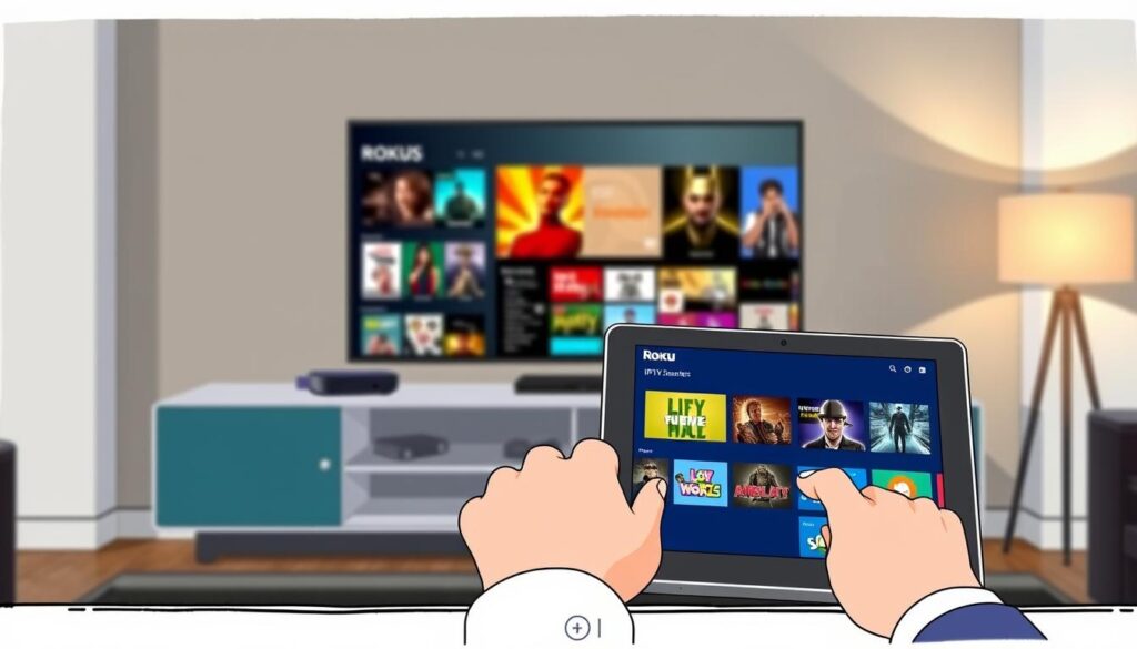 A cozy living room setting featuring a Roku streaming device prominently displayed on a modern television stand. In the foreground, a laptop or tablet open to the IPTV Smarters application interface. A pair of hands are shown navigating the app, with fingers poised on a touchscreen, dressed in smart casual attire. The middle ground features the television screen displaying vibrant images related to IPTV streaming, with colorful thumbnails of shows and movies. The background reveals soft ambient lighting from a lamp, creating a warm and inviting atmosphere. The room should have a contemporary design with minimalistic decor. The image conveys a sense of ease and accessibility in setting up IPTV services, evoking excitement about streaming content seamlessly.