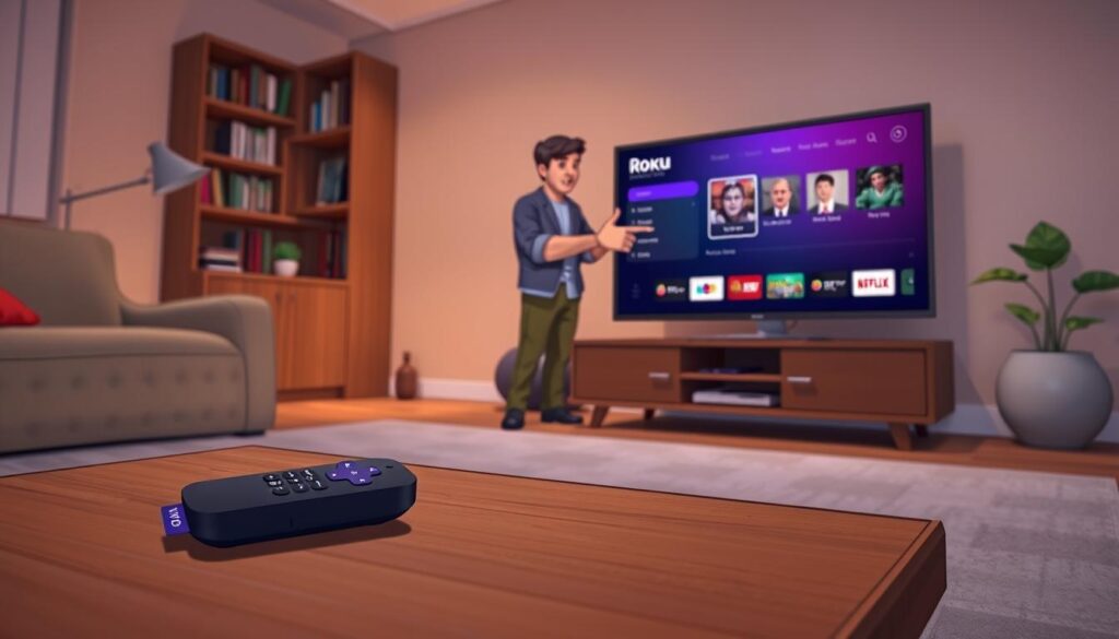 A cozy living room setting featuring a modern flat-screen TV displaying the Roku interface. In the foreground, a sleek Roku remote lies on a wooden coffee table surrounded by a lightly patterned rug. In the middle, a person in casual yet professional attire, demonstrating the activation of the "developer mode" on the Roku, pointing at the TV screen. The room is warmly lit with soft ambient lighting, creating a welcoming atmosphere. In the background, an inviting bookshelf filled with books and a small plant adds a touch of vibrancy. The image focuses on the interaction between the person and the TV, capturing the essence of technology in a home environment.