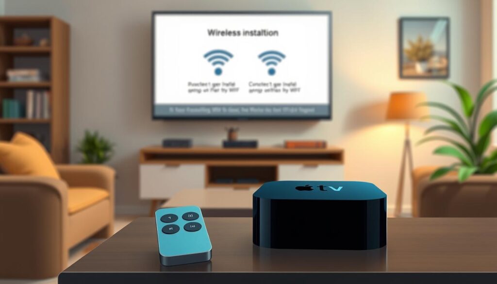 A cozy living room setting featuring a sleek Apple TV 4K device on a modern entertainment center. The foreground includes a stylish remote control resting next to the Apple TV. In the middle, a flat-screen TV displays user-friendly setup instructions for wireless installation, showcasing a Wi-Fi symbol and connection steps. The background features soft, ambient lighting that creates a warm atmosphere, with comfortable furniture and a few green plants to add a touch of nature. The image is captured from a slightly angled perspective to emphasize the devices, with a shallow depth of field to create focus on the Apple TV. The overall mood is inviting and tech-savvy, perfect for a guide on wireless installation. A cozy living room setting featuring a sleek Apple TV 4K device on a modern entertainment center. The foreground includes a stylish remote control resting next to the Apple TV. In the middle, a flat-screen TV displays user-friendly setup instructions for wireless installation, showcasing a Wi-Fi symbol and connection steps. The background features soft, ambient lighting that creates a warm atmosphere, with comfortable furniture and a few green plants to add a touch of nature. The image is captured from a slightly angled perspective to emphasize the devices, with a shallow depth of field to create focus on the Apple TV. The overall mood is inviting and tech-savvy, perfect for a guide on wireless installation.