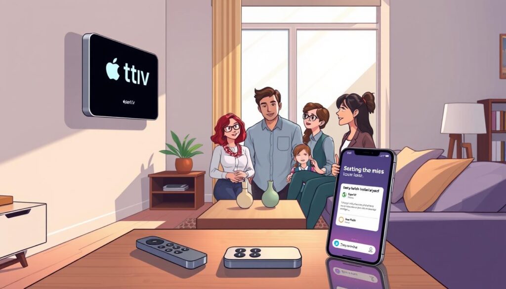 A cozy living room setting with an Apple TV mounted on a sleek wall, displaying the ibo player interface on the screen. In the foreground, a modern coffee table is adorned with a remote control and a smartphone showing a step-by-step installation guide. A light source from a large window casts soft, natural light across the room, creating an inviting atmosphere. In the middle ground, a family is depicted, wearing casual yet professional attire, engaged in the process of setting up the Apple TV, looking intrigued and focused. The background features stylish decor, with a potted plant and a bookshelf, enhancing the homey feel, while maintaining a clear and organized ambiance. Capture the essence of teamwork and modern technology seamlessly integrated into daily life. A cozy living room setting with an Apple TV mounted on a sleek wall, displaying the ibo player interface on the screen. In the foreground, a modern coffee table is adorned with a remote control and a smartphone showing a step-by-step installation guide. A light source from a large window casts soft, natural light across the room, creating an inviting atmosphere. In the middle ground, a family is depicted, wearing casual yet professional attire, engaged in the process of setting up the Apple TV, looking intrigued and focused. The background features stylish decor, with a potted plant and a bookshelf, enhancing the homey feel, while maintaining a clear and organized ambiance. Capture the essence of teamwork and modern technology seamlessly integrated into daily life.