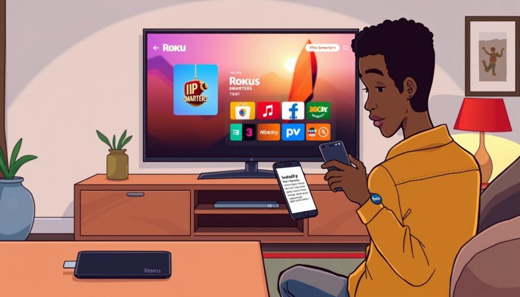 A cozy living room setup featuring a modern Roku streaming device prominently displayed on a sleek, wooden entertainment center. In the foreground, a person of diverse descent, dressed in casual yet stylish attire, is intently following instructions on a smartphone to install the IPTV Smarters application. The middle ground shows a large flat-screen TV displaying a vibrant, colorful interface of the Roku homepage, hinting at IPTV Smarters. The background is softly lit with warm ambiance, suggesting a relaxed evening atmosphere. The lighting is bright yet soft, creating a welcoming environment. The scene captures a sense of focus and engagement, ideal for illustrating the installation process. A cozy living room setup featuring a modern Roku streaming device prominently displayed on a sleek, wooden entertainment center. In the foreground, a person of diverse descent, dressed in casual yet stylish attire, is intently following instructions on a smartphone to install the IPTV Smarters application. The middle ground shows a large flat-screen TV displaying a vibrant, colorful interface of the Roku homepage, hinting at IPTV Smarters. The background is softly lit with warm ambiance, suggesting a relaxed evening atmosphere. The lighting is bright yet soft, creating a welcoming environment. The scene captures a sense of focus and engagement, ideal for illustrating the installation process.