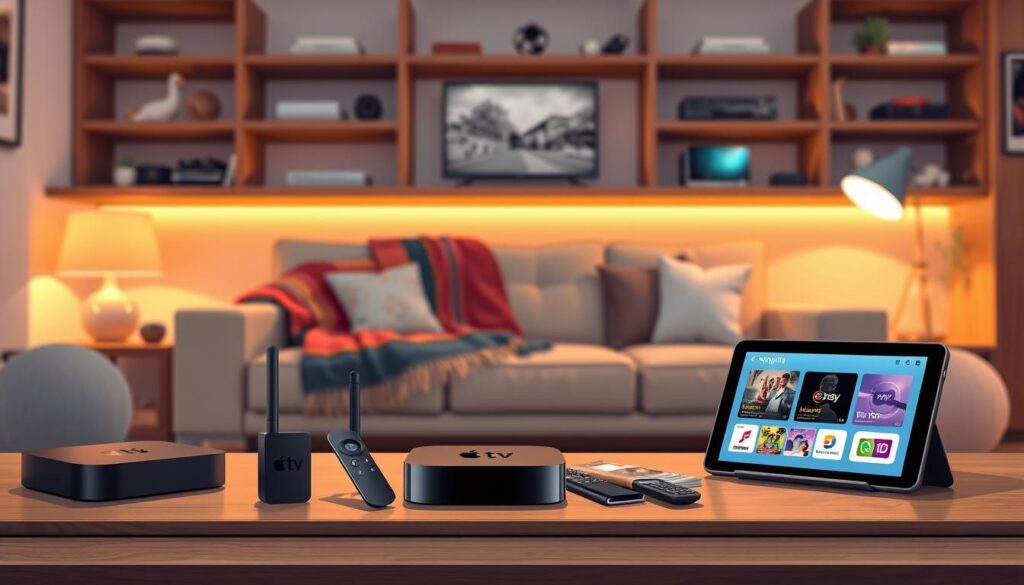 A cozy living room setup featuring an Apple TV and various essential internet devices. In the foreground, stylishly arranged modern electronics, including the Apple TV, a sleek router, and a tablet displaying streaming options. In the middle, a comfortable sofa with a vibrant throw blanket, small accent cushions, and a coffee table scattered with remote controls and tech magazines. The background shows a softly lit entertainment center with shelves showcasing smart devices and subtle decorative elements. Soft, warm lighting creates an inviting atmosphere, while a wide-angle view captures the entire cozy scene. Aim for a clean, professional look that highlights the integration of technology in a home environment, conveying ease of use and accessibility for installing IPTV solutions. A cozy living room setup featuring an Apple TV and various essential internet devices. In the foreground, stylishly arranged modern electronics, including the Apple TV, a sleek router, and a tablet displaying streaming options. In the middle, a comfortable sofa with a vibrant throw blanket, small accent cushions, and a coffee table scattered with remote controls and tech magazines. The background shows a softly lit entertainment center with shelves showcasing smart devices and subtle decorative elements. Soft, warm lighting creates an inviting atmosphere, while a wide-angle view captures the entire cozy scene. Aim for a clean, professional look that highlights the integration of technology in a home environment, conveying ease of use and accessibility for installing IPTV solutions.