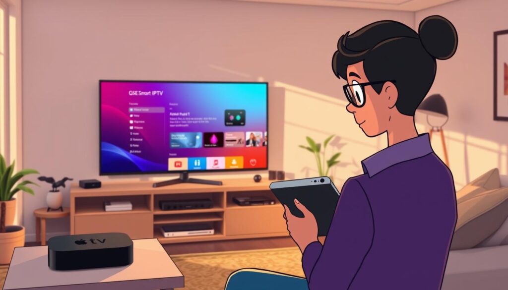 A cozy, modern living room featuring a sleek Apple TV on a stylish entertainment center. In the foreground, a person in smart casual attire is focused on a tablet, troubleshooting GSE Smart IPTV settings. The middle ground showcases the Apple TV and the television displaying the GSE Smart IPTV interface, highlighting an interface with vivid colors and options. Soft, warm lighting casts an inviting atmosphere, with natural sunlight filtering through a window. The background includes minimalist decor with plants and tech accessories, evoking a sense of a well-designed, tech-savvy home environment. The overall mood should be one of concentration and solution-finding amidst a smart, comfortable space. A cozy, modern living room featuring a sleek Apple TV on a stylish entertainment center. In the foreground, a person in smart casual attire is focused on a tablet, troubleshooting GSE Smart IPTV settings. The middle ground showcases the Apple TV and the television displaying the GSE Smart IPTV interface, highlighting an interface with vivid colors and options. Soft, warm lighting casts an inviting atmosphere, with natural sunlight filtering through a window. The background includes minimalist decor with plants and tech accessories, evoking a sense of a well-designed, tech-savvy home environment. The overall mood should be one of concentration and solution-finding amidst a smart, comfortable space.