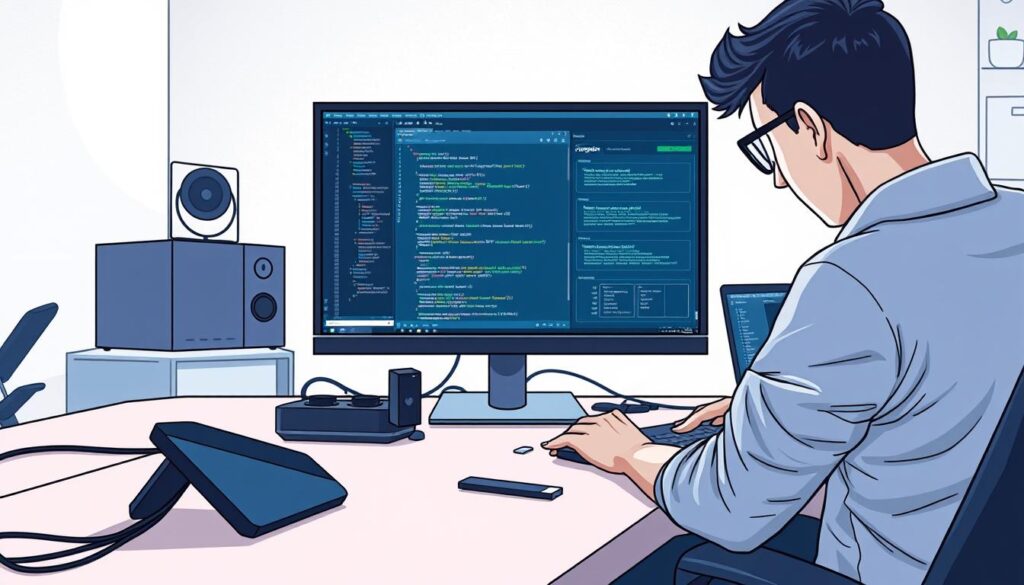 A detailed and visually engaging scene depicting an IT professional in a modern workspace, focused on debugging software on a high-resolution computer screen. The foreground features a sleek, minimalistic desk with technical equipment, including an Nvidia Shield device and a laptop showing code and debugging tools. The middle ground includes a thoughtfully designed workspace with gadgetry, network cables, and a digital interface that symbolizes ADB debugging and troubleshooting processes. In the background, soft diffused lighting illuminates the room, creating a calm and focused atmosphere. The scene captures a sense of precision and professionalism, emphasizing the technical aspects of installation and troubleshooting. The overall mood is one of efficiency and clarity, with a color palette of cool blues and whites to enhance the tech ambiance.