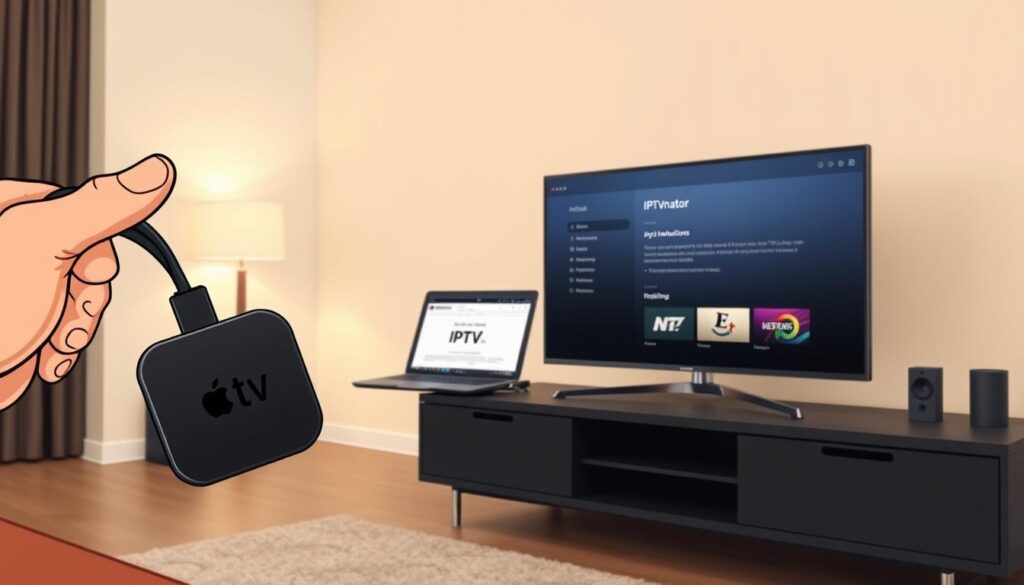 A detailed, step-by-step installation process of the IPTV app "IPTVnator" on an Apple TV. In the foreground, a sleek, modern living room setup shows a hand connecting the Apple TV to a television with an HDMI cable. The Apple TV is prominently displayed on a stylish media console, showcasing both the device and the television screen, which displays the IPTVnator interface. In the middle ground, a laptop is open, displaying a website with installation instructions. In the background, soft ambient lighting creates a warm atmosphere. The scene is captured with a slightly elevated angle, highlighting the smart home feel, emphasizing technology integration and user-friendly design. The mood is focused, encouraging a sense of convenience and simplicity in the installation process. A detailed, step-by-step installation process of the IPTV app "IPTVnator" on an Apple TV. In the foreground, a sleek, modern living room setup shows a hand connecting the Apple TV to a television with an HDMI cable. The Apple TV is prominently displayed on a stylish media console, showcasing both the device and the television screen, which displays the IPTVnator interface. In the middle ground, a laptop is open, displaying a website with installation instructions. In the background, soft ambient lighting creates a warm atmosphere. The scene is captured with a slightly elevated angle, highlighting the smart home feel, emphasizing technology integration and user-friendly design. The mood is focused, encouraging a sense of convenience and simplicity in the installation process.