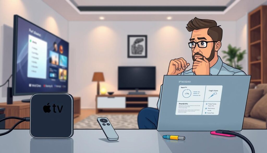 A detailed visualization of IPTV troubleshooting solutions. In the foreground, display a sleek Apple TV connected to a flat-screen monitor, showcasing a clear IPTV interface with a responsive remote control. In the middle ground, include a technician thoughtfully examining a laptop displaying diagnostic software, wearing professional business attire. The background features a modern living room environment with soft ambient lighting, emphasizing a calm and organized atmosphere. The scene captures the essence of problem-solving, with subtle hints of tools and cables, suggesting a hands-on approach. Use a slight overhead angle to create depth, enhancing the focus on the technician's concentration and the technology in use. A detailed visualization of IPTV troubleshooting solutions. In the foreground, display a sleek Apple TV connected to a flat-screen monitor, showcasing a clear IPTV interface with a responsive remote control. In the middle ground, include a technician thoughtfully examining a laptop displaying diagnostic software, wearing professional business attire. The background features a modern living room environment with soft ambient lighting, emphasizing a calm and organized atmosphere. The scene captures the essence of problem-solving, with subtle hints of tools and cables, suggesting a hands-on approach. Use a slight overhead angle to create depth, enhancing the focus on the technician's concentration and the technology in use.