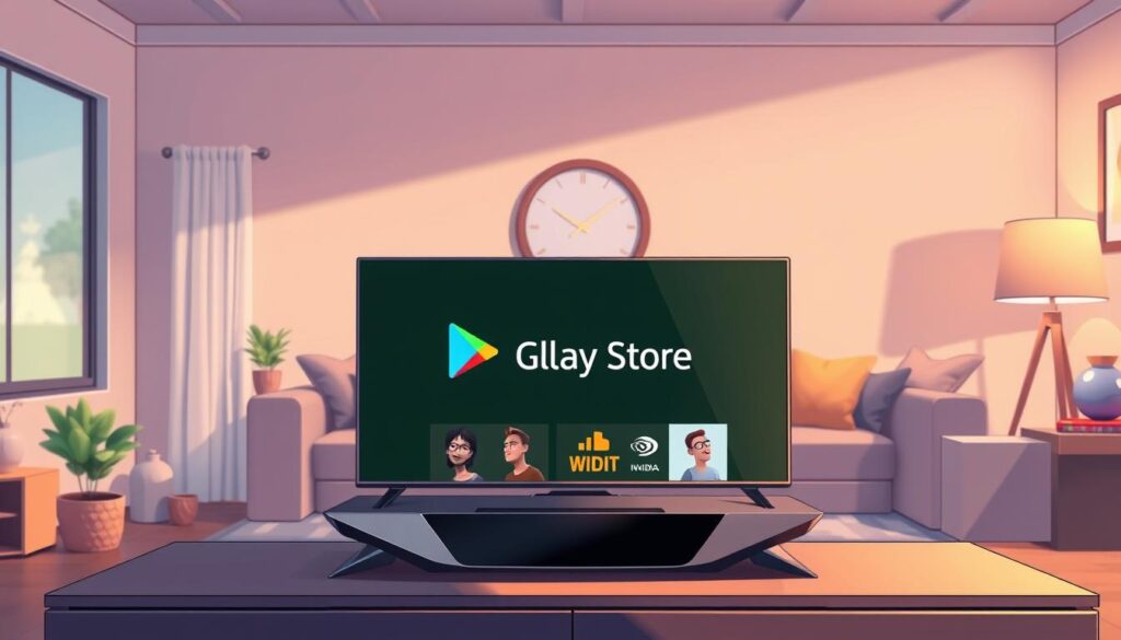 A digital art illustration of the Google Play Store installation screen on an Nvidia Shield device, prominently displayed in the foreground, with the user interface showing a vibrant and user-friendly layout. The middle ground features a sleek Nvidia Shield console, positioned on a modern entertainment center. In the background, a softly lit living room scene enhances the mood, with warm, inviting lighting accentuating cozy furniture and decorations. The atmosphere is tech-savvy yet relaxed, demonstrating a smooth installation process. The angle is a slightly elevated front view that showcases both the Nvidia Shield and Play Store interface while emphasizing clarity and detail. The image is clean, vibrant, and professional, capturing the essence of a modern home technology experience.