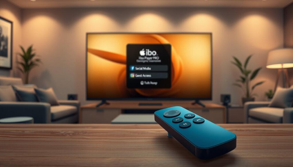 A high-tech interface of the "ibo Player Pro" app for Apple TV, depicting various login options. In the foreground, a sleek remote control rests on a wooden table, featuring a distinct, modern design. The middle ground showcases a large flat-screen TV displaying the ibo Player Pro interface, with visible icons for login options like "Email", "Social Media", and "Guest Access". The background features a cozy living room with soft ambient lighting, enhancing a relaxed atmosphere. The image should reflect a professional setting with a warm color palette, emphasizing accessibility and user-friendliness. Shot with a wide-angle lens, the composition invites viewers into the scene while ensuring a clear focus on the app interface.