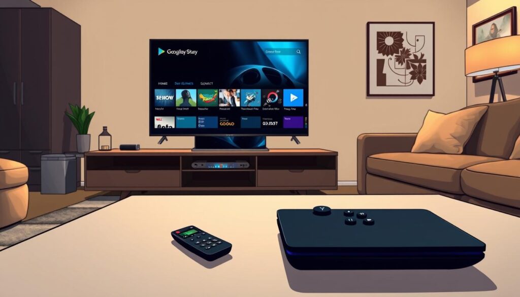 A high-tech living room featuring an Nvidia Shield connected to a large TV displaying the Google Play Store interface. In the foreground, a sleek remote control lies on a modern coffee table, surrounded by minimalist decor. In the middle, the Nvidia Shield unit is prominently placed on the entertainment cabinet, glowing softly with blue LED lights, indicating it's in use. The background includes a stylish couch and decorative wall art, creating an inviting atmosphere. The lighting is warm and cozy, emphasizing a comfortable tech-savvy environment. The scene captures the moment before launching the Smartone app, showcasing a blend of technology and home comfort. A high-tech living room featuring an Nvidia Shield connected to a large TV displaying the Google Play Store interface. In the foreground, a sleek remote control lies on a modern coffee table, surrounded by minimalist decor. In the middle, the Nvidia Shield unit is prominently placed on the entertainment cabinet, glowing softly with blue LED lights, indicating it's in use. The background includes a stylish couch and decorative wall art, creating an inviting atmosphere. The lighting is warm and cozy, emphasizing a comfortable tech-savvy environment. The scene captures the moment before launching the Smartone app, showcasing a blend of technology and home comfort.