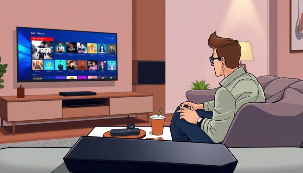 A high-tech living room setting featuring a modern Nvidia Shield device connected to a sleek television. In the foreground, a user is interacting with the GSE Smart IPTV app on the TV, showcasing colorful, organized playlists on the screen. The user, dressed in casual yet professional attire, is seated on a comfortable couch, engaged and focused. The middle layer displays a stylish coffee table adorned with a remote control and snacks, creating a cozy atmosphere. The background includes contemporary furniture and soft lighting that casts a warm glow, enhancing the inviting feel of the scene. The angle captures the user’s perspective, emphasizing the user-friendly interface of the GSE Smart IPTV application, making it relatable and engaging for viewers. A high-tech living room setting featuring a modern Nvidia Shield device connected to a sleek television. In the foreground, a user is interacting with the GSE Smart IPTV app on the TV, showcasing colorful, organized playlists on the screen. The user, dressed in casual yet professional attire, is seated on a comfortable couch, engaged and focused. The middle layer displays a stylish coffee table adorned with a remote control and snacks, creating a cozy atmosphere. The background includes contemporary furniture and soft lighting that casts a warm glow, enhancing the inviting feel of the scene. The angle captures the user’s perspective, emphasizing the user-friendly interface of the GSE Smart IPTV application, making it relatable and engaging for viewers.