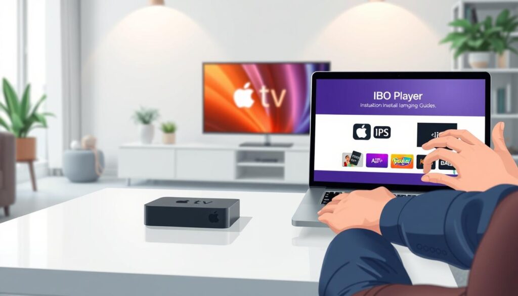 A modern Apple TV setup in a cozy living room, featuring a sleek, stylish coffee table with an open laptop displaying the IBO Player installation guide. The focus is on the laptop screen, showing vibrant graphics of the installation process. In the foreground, a pair of hands are seen interacting with the laptop, wearing smart casual attire. The middle ground includes a contemporary TV setup with the Apple TV prominently displayed, showcasing its elegant design. The background features soft, ambient lighting that creates a warm and inviting atmosphere, with subtle decorative elements like potted plants and bookshelves. The overall mood is focused and professional, emphasizing a tech-savvy environment conducive to installation tasks. A modern Apple TV setup in a cozy living room, featuring a sleek, stylish coffee table with an open laptop displaying the IBO Player installation guide. The focus is on the laptop screen, showing vibrant graphics of the installation process. In the foreground, a pair of hands are seen interacting with the laptop, wearing smart casual attire. The middle ground includes a contemporary TV setup with the Apple TV prominently displayed, showcasing its elegant design. The background features soft, ambient lighting that creates a warm and inviting atmosphere, with subtle decorative elements like potted plants and bookshelves. The overall mood is focused and professional, emphasizing a tech-savvy environment conducive to installation tasks.