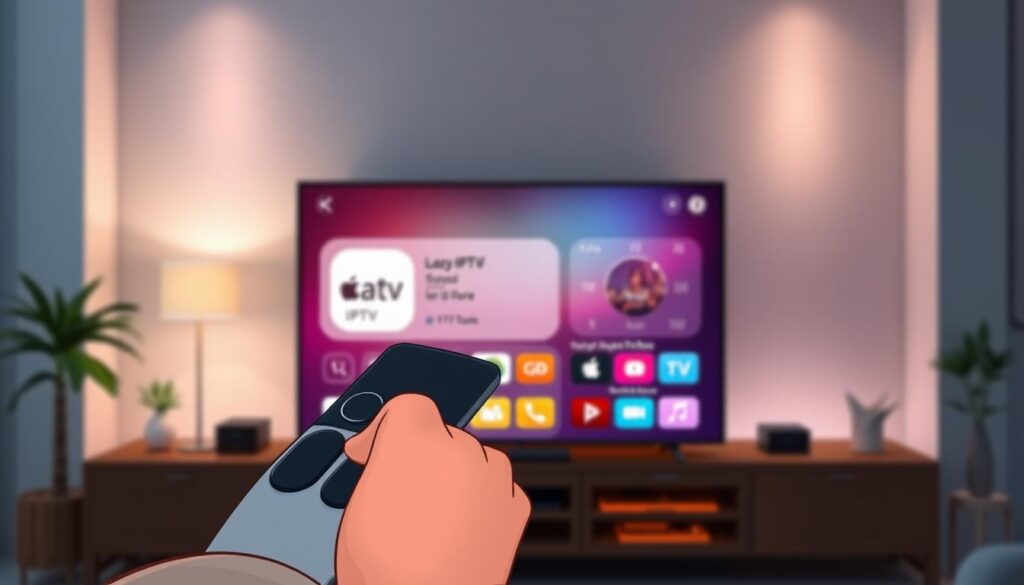 A modern and sleek Apple TV interface showcasing the Lazy IPTV application being installed from the App Store. In the foreground, a focused view of a user’s hand interacting with the Apple TV remote, navigating the App Store with a bright screen displaying the Lazy IPTV app icon. The middle ground features the vibrant App Store interface with colorful app icons and an intuitive layout, illuminated by a soft, warm glow. The background depicts a stylish living room setting with a glimpse of a contemporary TV and ambient lighting, creating a cozy yet tech-savvy atmosphere. The overall mood is inviting and informative, emphasizing user-friendly technology and app installation. A modern and sleek Apple TV interface showcasing the Lazy IPTV application being installed from the App Store. In the foreground, a focused view of a user’s hand interacting with the Apple TV remote, navigating the App Store with a bright screen displaying the Lazy IPTV app icon. The middle ground features the vibrant App Store interface with colorful app icons and an intuitive layout, illuminated by a soft, warm glow. The background depicts a stylish living room setting with a glimpse of a contemporary TV and ambient lighting, creating a cozy yet tech-savvy atmosphere. The overall mood is inviting and informative, emphasizing user-friendly technology and app installation.