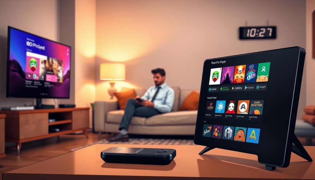 A modern and sleek gaming setup showcasing the installation of the "IBO Pro Player" on a NVIDIA Shield. In the foreground, a well-lit living room with a stylish, contemporary TV unit displaying the Google Play Store interface on the NVIDIA Shield. The screen vividly features the IBO Pro app, highlighting its icon surrounded by colorful app thumbnails. In the middle ground, a well-dressed individual, casually dressed in professional attire, sits comfortably on a couch, intently using a remote control. The background includes soft lighting from elegant lamps, creating a cozy atmosphere. A digital clock shows evening time. The overall mood is inviting and focused on gaming, with a depth of field effect emphasizing the interaction with the NVIDIA Shield setup.