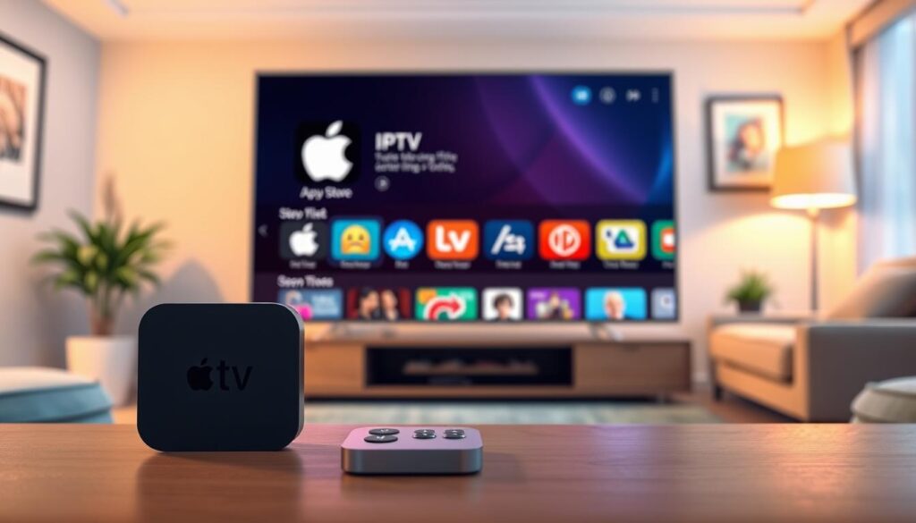 A modern digital illustration showcasing the selection of IPTV applications in the App Store on an Apple TV interface. In the foreground, a sleek Apple TV device is prominently displayed, with a remote control nearby. The middle ground focuses on a vibrant television screen showcasing the App Store interface, featuring various IPTV application icons with colorful designs and easy-to-recognize symbols. The background is softly blurred, depicting a cozy living room with ambient lighting, including a stylish sofa and decorative elements that evoke a relaxed atmosphere. The lighting is warm and inviting, creating an engaging, tech-savvy mood. A close-up angle enhances the focus on the device screen, capturing the experience of browsing apps seamlessly. A modern digital illustration showcasing the selection of IPTV applications in the App Store on an Apple TV interface. In the foreground, a sleek Apple TV device is prominently displayed, with a remote control nearby. The middle ground focuses on a vibrant television screen showcasing the App Store interface, featuring various IPTV application icons with colorful designs and easy-to-recognize symbols. The background is softly blurred, depicting a cozy living room with ambient lighting, including a stylish sofa and decorative elements that evoke a relaxed atmosphere. The lighting is warm and inviting, creating an engaging, tech-savvy mood. A close-up angle enhances the focus on the device screen, capturing the experience of browsing apps seamlessly.