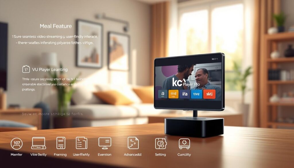 A modern digital workspace showcasing the features and benefits of VU Player Pro, presented in a stylized infographic format. In the foreground, include various icons representing features such as seamless video streaming, user-friendly interface, and advanced settings. The middle layer should depict a sleek Apple TV device with VU Player Pro displayed on the screen, creating a focal point to illustrate its application. In the background, include a blurred home environment with cozy lighting that suggests relaxation and entertainment. Natural light streaming in through a window enhances the warm atmosphere, while the angle of view is slightly tilted to convey a dynamic and engaging composition. Overall, the image should evoke a sense of modernity, convenience, and technological sophistication.
