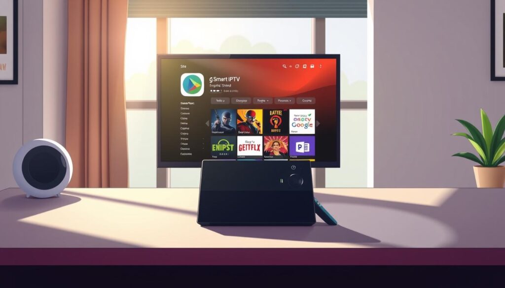 A modern digital workspace showcasing the installation process of GSE Smart IPTV on an Nvidia Shield. In the foreground, an Nvidia Shield device is prominently displayed with its remote, positioned on a sleek, minimalist desk. The screen in the background shows the Google Play Store interface, highlighting the GSE Smart IPTV app with vibrant colors. Natural sunlight filters through a nearby window, creating a warm, inviting atmosphere. Soft shadows fall across the desk, enhancing the depth of the scene. The overall mood is practical and focused, suitable for tech guidance, inviting viewers to engage with the setup process. The image should convey clarity and accessibility without any text or distractions. A modern digital workspace showcasing the installation process of GSE Smart IPTV on an Nvidia Shield. In the foreground, an Nvidia Shield device is prominently displayed with its remote, positioned on a sleek, minimalist desk. The screen in the background shows the Google Play Store interface, highlighting the GSE Smart IPTV app with vibrant colors. Natural sunlight filters through a nearby window, creating a warm, inviting atmosphere. Soft shadows fall across the desk, enhancing the depth of the scene. The overall mood is practical and focused, suitable for tech guidance, inviting viewers to engage with the setup process. The image should convey clarity and accessibility without any text or distractions.