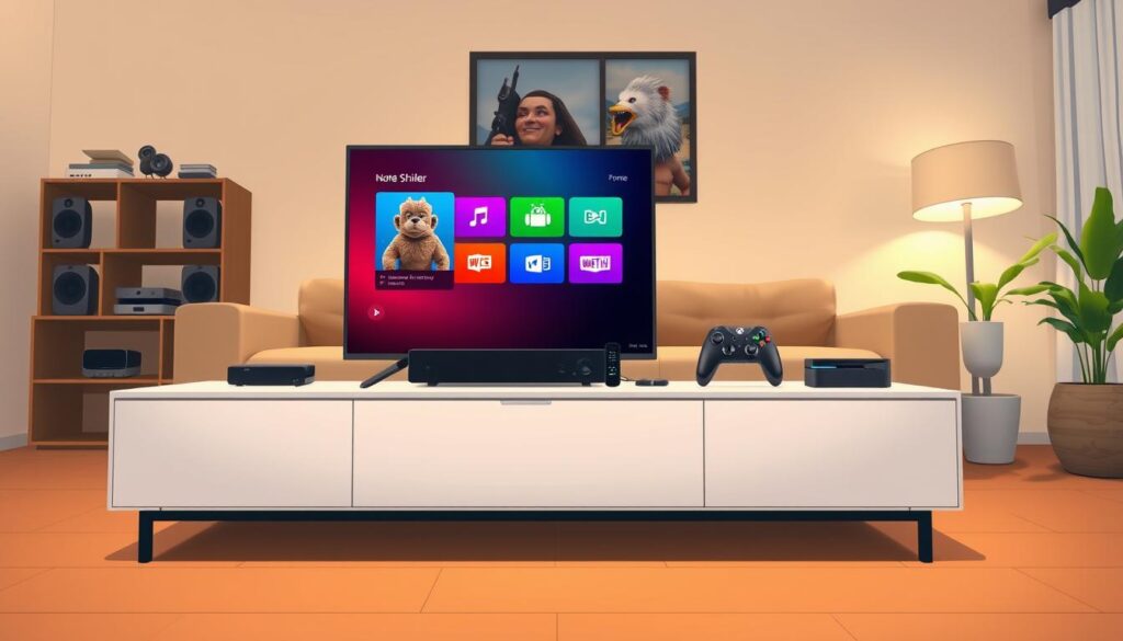 A modern home entertainment setup featuring the Nvidia Shield prominently displayed on a sleek media console. The foreground shows a user-friendly interface of the BOB player on a vivid screen with bright colors. In the middle, there are various tech gadgets like a soundbar, remote controls, and a gaming controller neatly arranged. The background displays a cozy living room environment, with soft lighting illuminating the space, creating a warm and inviting atmosphere. Use a wide-angle lens to capture the entire scene, focusing on the harmony between the equipment and the surroundings. The mood is tech-savvy and modern, emphasizing connectivity and readiness for media enjoyment. A modern home entertainment setup featuring the Nvidia Shield prominently displayed on a sleek media console. The foreground shows a user-friendly interface of the BOB player on a vivid screen with bright colors. In the middle, there are various tech gadgets like a soundbar, remote controls, and a gaming controller neatly arranged. The background displays a cozy living room environment, with soft lighting illuminating the space, creating a warm and inviting atmosphere. Use a wide-angle lens to capture the entire scene, focusing on the harmony between the equipment and the surroundings. The mood is tech-savvy and modern, emphasizing connectivity and readiness for media enjoyment.