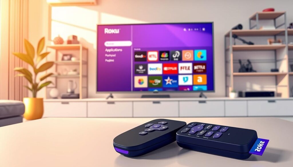 A modern home entertainment setup featuring the Roku interface on a large flat-screen TV. In the foreground, a sleek black remote control with bright buttons rests on a stylish coffee table. In the middle, the TV screen displays the Roku applications management screen, showcasing colorful app icons and a selection menu. Soft ambient lighting creates a warm atmosphere, while natural sunlight streams in through a window, enhancing the cozy living room vibe. In the background, a minimalist bookshelf filled with smart gadgets and decor complements the tech-savvy environment. The lens captures the scene at a slight angle, emphasizing the user-friendly interface and inviting layout, evoking a sense of ease and efficiency in managing apps. A modern home entertainment setup featuring the Roku interface on a large flat-screen TV. In the foreground, a sleek black remote control with bright buttons rests on a stylish coffee table. In the middle, the TV screen displays the Roku applications management screen, showcasing colorful app icons and a selection menu. Soft ambient lighting creates a warm atmosphere, while natural sunlight streams in through a window, enhancing the cozy living room vibe. In the background, a minimalist bookshelf filled with smart gadgets and decor complements the tech-savvy environment. The lens captures the scene at a slight angle, emphasizing the user-friendly interface and inviting layout, evoking a sense of ease and efficiency in managing apps.
