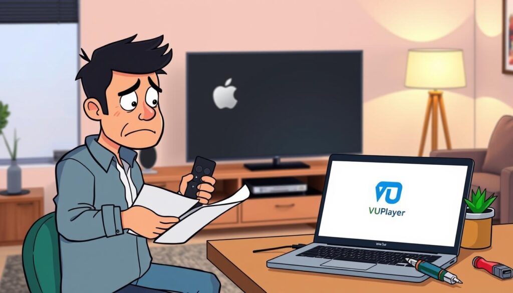 A modern home office scene featuring a sleek Apple TV setup on a stylish media console. In the foreground, a frustrated individual in casual yet professional attire holds a remote, studying a user manual with a furrowed brow, representing the common installation problems. In the middle ground, an open laptop displays troubleshooting tips and the VU Player logo. The background showcases a cozy living room with soft lighting from a nearby lamp, creating a warm atmosphere. Tools like a screwdriver and a cable organizer are placed on a table, indicating the installation process. The mood is one of determination as the individual navigates through installation challenges.