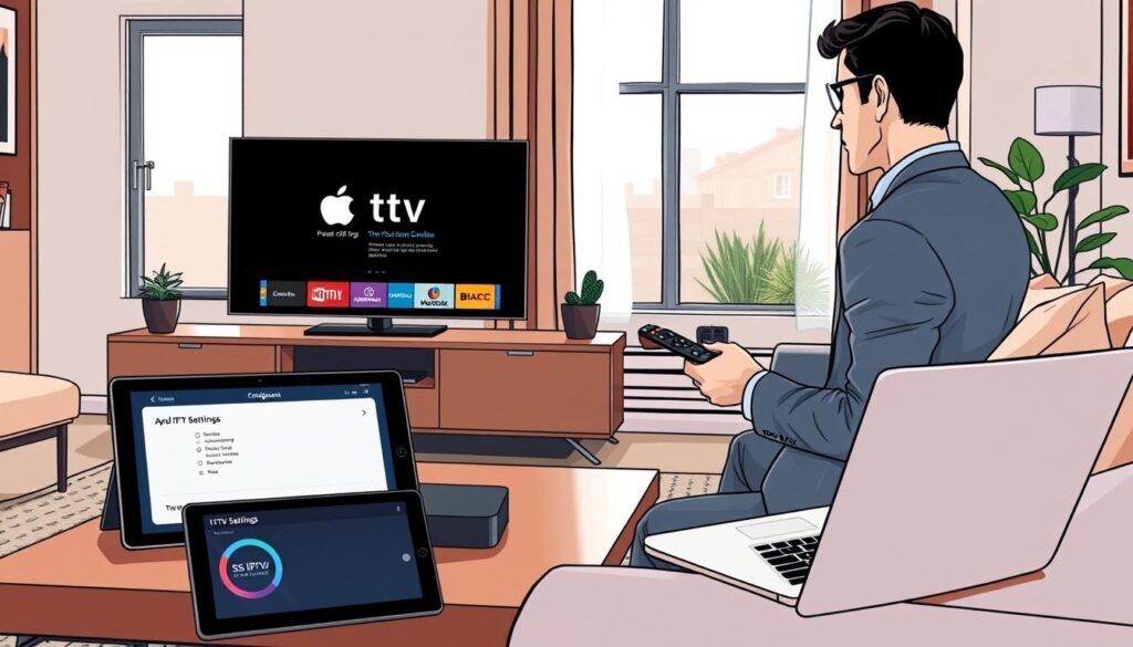 A modern living room featuring a sleek Apple TV prominently displayed on a stylish entertainment unit. The foreground shows an individual, dressed in professional attire, intently configuring the SS IPTV application on the TV using a remote. The middle ground includes a coffee table with tech gadgets, like a tablet displaying IPTV settings, and a laptop with an open configuration guide. In the background, there are cozy elements like a large window with natural light filtering in, soft couch cushions, and a subtle indoor plant for a touch of warmth. The scene is well-lit, creating a bright, engaging atmosphere, focusing on the theme of technology and ease of use in home entertainment.