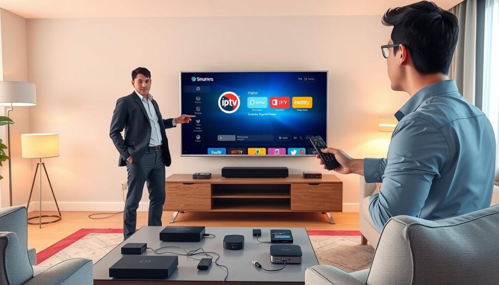 A modern living room featuring a sleek TV stand with a smart TV displaying the IPTV Smarters application interface. In the foreground, a professional-looking individual in business casual attire is setting up the IPTV service on the TV using a remote control, showcasing a focused expression. The middle ground includes a stylish coffee table with various streaming devices and cables neatly organized. The background shows a cozy setting with soft, warm lighting emanating from floor lamps and natural light streaming in through a window, creating an inviting atmosphere. The angle is slightly elevated, providing a comprehensive view of the scene, emphasizing the home technology installation process, conveying a sense of ease and modernity. A modern living room featuring a sleek TV stand with a smart TV displaying the IPTV Smarters application interface. In the foreground, a professional-looking individual in business casual attire is setting up the IPTV service on the TV using a remote control, showcasing a focused expression. The middle ground includes a stylish coffee table with various streaming devices and cables neatly organized. The background shows a cozy setting with soft, warm lighting emanating from floor lamps and natural light streaming in through a window, creating an inviting atmosphere. The angle is slightly elevated, providing a comprehensive view of the scene, emphasizing the home technology installation process, conveying a sense of ease and modernity.