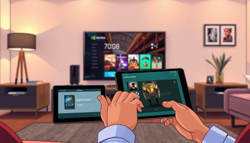 A modern living room featuring a stylish setup with an Nvidia Shield streaming device prominently displayed on a sleek media console. In the foreground, hands are actively working on a tablet with a well-designed user interface, showing the installation process of the Nanomid app. The middle ground contains a large flat-screen TV displaying vibrant visuals of the Nvidia Shield interface. Soft, warm ambient lighting illuminates the space, creating a cozy atmosphere. The background features minimalistic furniture and subtle tech-related decor that enhances the focus on the installation. Capture this scene from a slightly elevated angle to emphasize the action and technology, with a depth of field that keeps the focus on the tablet and the Nvidia Shield. A modern living room featuring a stylish setup with an Nvidia Shield streaming device prominently displayed on a sleek media console. In the foreground, hands are actively working on a tablet with a well-designed user interface, showing the installation process of the Nanomid app. The middle ground contains a large flat-screen TV displaying vibrant visuals of the Nvidia Shield interface. Soft, warm ambient lighting illuminates the space, creating a cozy atmosphere. The background features minimalistic furniture and subtle tech-related decor that enhances the focus on the installation. Capture this scene from a slightly elevated angle to emphasize the action and technology, with a depth of field that keeps the focus on the tablet and the Nvidia Shield.