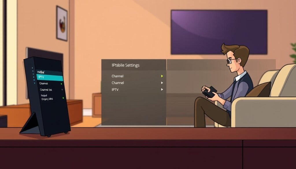 A modern living room featuring an Nvidia Shield streaming device prominently on a sleek TV stand. In the foreground, an animated digital interface displays IPTV settings, including channel lists and configuration options. The middle ground showcases a stylish sofa with a tech-savvy individual, dressed in smart casual attire, focused on configuring the IPTV service using a remote control. The background reveals a large flat-screen TV, elegantly mounted on the wall, casting soft ambient lighting that enhances the high-tech atmosphere. The scene is well-lit with warm tones, creating a cozy yet modern feel, conveying a sense of ease and sophistication in setting up IPTV on the Nvidia Shield. A modern living room featuring an Nvidia Shield streaming device prominently on a sleek TV stand. In the foreground, an animated digital interface displays IPTV settings, including channel lists and configuration options. The middle ground showcases a stylish sofa with a tech-savvy individual, dressed in smart casual attire, focused on configuring the IPTV service using a remote control. The background reveals a large flat-screen TV, elegantly mounted on the wall, casting soft ambient lighting that enhances the high-tech atmosphere. The scene is well-lit with warm tones, creating a cozy yet modern feel, conveying a sense of ease and sophistication in setting up IPTV on the Nvidia Shield.