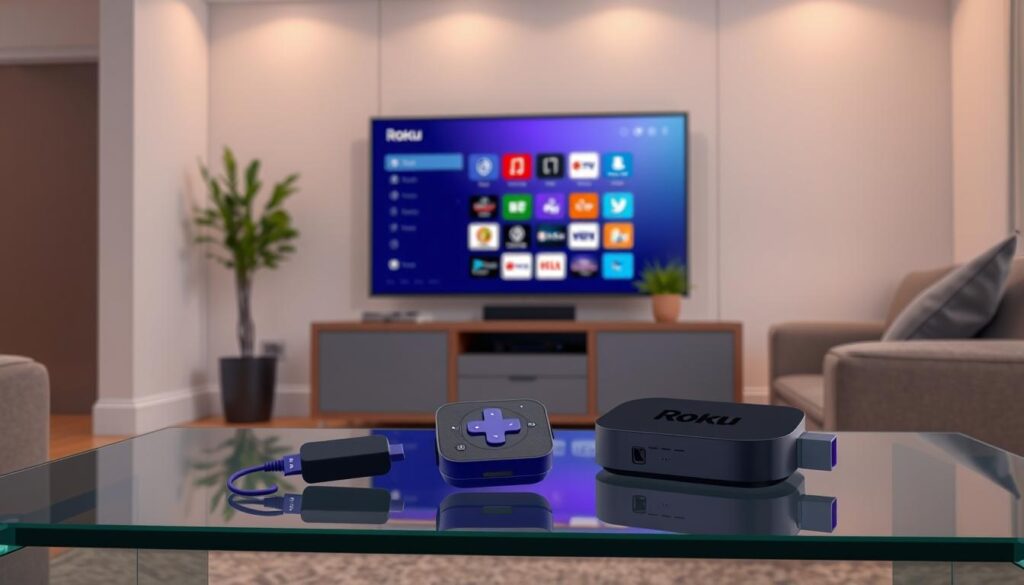 A modern living room scene featuring a Roku streaming device prominently displayed on a sleek glass table. In the foreground, a user, a middle-aged individual in modest casual clothing, is intently setting up the device using a remote control. The middle layer includes a vibrant TV screen showcasing the Roku interface with colorful app icons, surrounded by neatly organized cables and a small potted plant for a touch of greenery. The background consists of a cozy living room with soft ambient lighting, highlighting neutral-toned walls and a stylish couch. The atmosphere is warm and inviting, emphasizing a hassle-free setup process. The overall composition captures the essence of preparing a Roku device for streaming in a comfortable home environment.