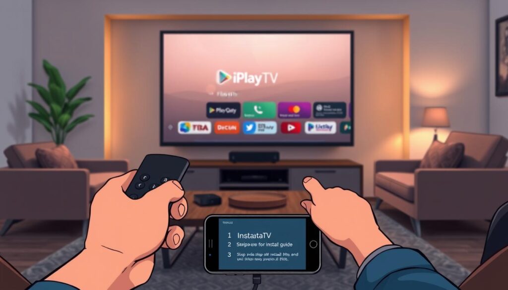 A modern living room scene featuring a sleek Nvidia Shield connected to a large flat-screen TV displaying the iPlayTV interface. In the foreground, a pair of hands is reaching towards a remote control, poised to navigate the screen. The middle ground includes a stylish coffee table with a smartphone showing a step-by-step installation guide for iPlayTV. The background features a cozy couch and ambient lighting that casts a warm glow, suggesting a comfortable installation environment. The mood is inviting and tech-savvy, with a focus on clarity and ease of use in the installation process. The angle is slightly above eye level to emphasize the TV screen and the interaction with the remote control. The scene is free of any text or watermarks.