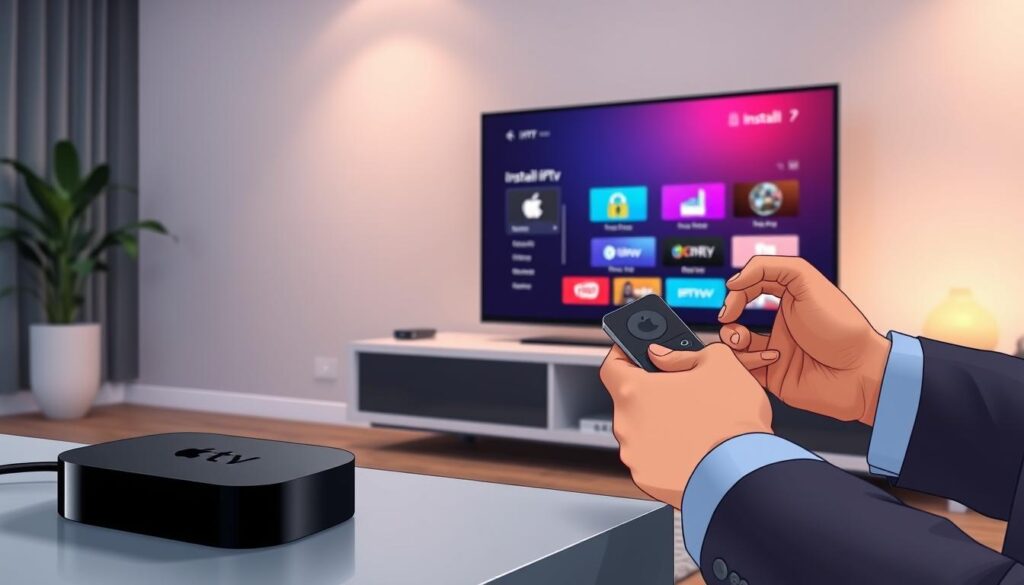 A modern living room scene showcasing an Apple TV setup for IPTV installation. In the foreground, a sleek Apple TV device is displayed on a minimalist entertainment unit, with an HDMI cable visibly connecting it to a contemporary flat-screen TV. A pair of hands in professional attire holds a remote control, adjusting settings on the screen. In the middle ground, the TV screen lights up with vibrant IPTV menu options, while colorful graphics illustrate the installation process. The background features soft, ambient lighting with subtle shadows to create a cozy atmosphere. The overall mood is focused and informative, conveying a sense of ease and accessibility in setting up IPTV on Apple TV. A modern living room scene showcasing an Apple TV setup for IPTV installation. In the foreground, a sleek Apple TV device is displayed on a minimalist entertainment unit, with an HDMI cable visibly connecting it to a contemporary flat-screen TV. A pair of hands in professional attire holds a remote control, adjusting settings on the screen. In the middle ground, the TV screen lights up with vibrant IPTV menu options, while colorful graphics illustrate the installation process. The background features soft, ambient lighting with subtle shadows to create a cozy atmosphere. The overall mood is focused and informative, conveying a sense of ease and accessibility in setting up IPTV on Apple TV.