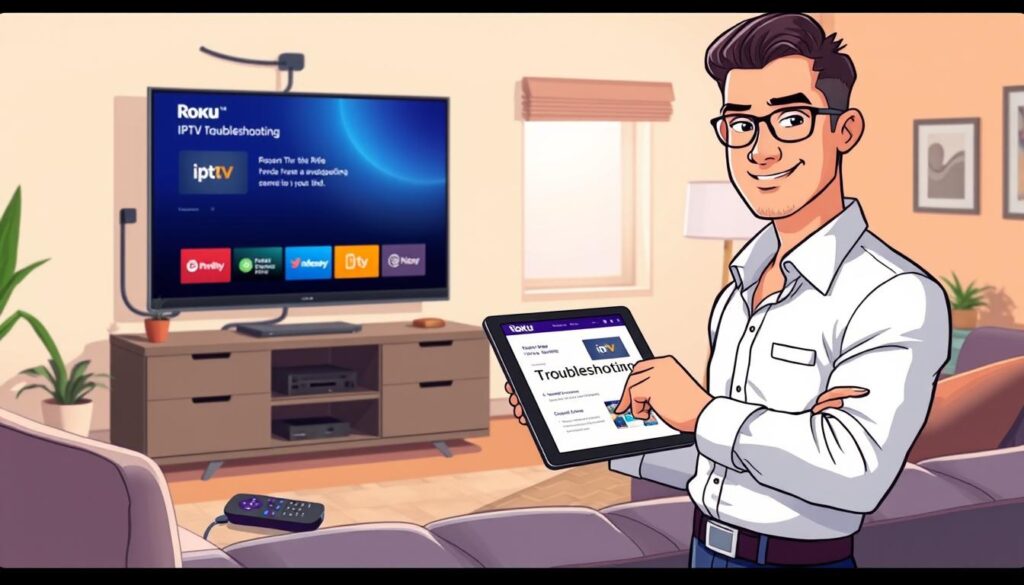 A modern living room setting featuring a sleek Roku device connected to a high-definition television displaying an IPTV troubleshooting interface. In the foreground, a confident technician in smart casual attire is interacting with a tablet, showcasing a troubleshooting guide. The middle ground includes a cozy couch with streaming gadgets and a remote control, while a window in the background allows soft natural light to spill in, enhancing the inviting atmosphere. The room is warm and welcoming, with subtle accents of modern decor. The image should convey a sense of clarity, problem-solving, and comfort, inviting viewers to engage with the IPTV service.