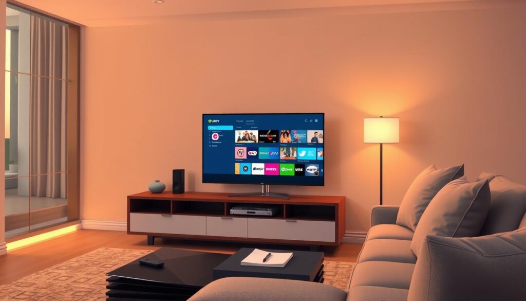A modern living room setting featuring a sleek, high-tech Nvidia Shield TV prominently displayed on a stylish entertainment unit. In the foreground, an open IPTV Extreme application interface shows colorful playlists and channel options on the screen. The middle ground includes a comfortable couch with neutral-colored cushions, and a small coffee table with a remote control and a notepad for notes. The background highlights a wall with soft ambient lighting, enhancing a tech-savvy atmosphere. Warm light filters through a nearby window, creating a cozy and inviting environment. The overall mood conveys a sense of ease and excitement about setting up IPTV services, with attention to detail in the decor and technology aesthetics.