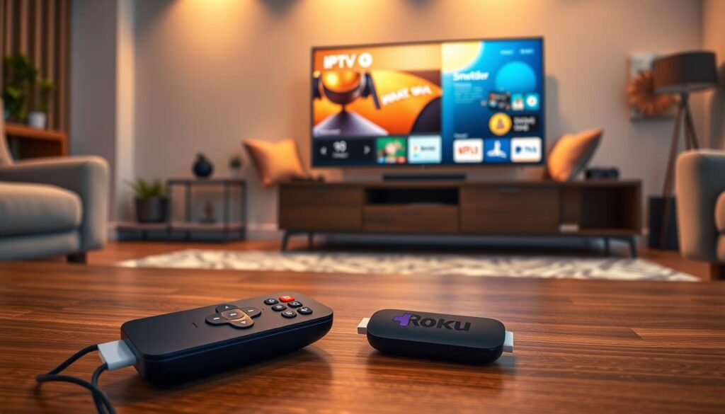 A modern living room setting focused on a Roku device connected to a television. In the foreground, a well-organized coffee table with a remote control, highlighting the nuances of the Roku interface displaying the IPTV Smarters app. In the middle, an elegantly designed TV stand, with the television screen showing vibrant graphics of the app home page. The background features a cozy couch adorned with soft cushions, inviting viewers to immerse in the IPTV experience. Soft, warm lighting creates a welcoming atmosphere, emphasizing a relaxed yet tech-savvy vibe. The angle captures both the TV screen and the surrounding room, making the viewer feel part of the installation process. A modern living room setting focused on a Roku device connected to a television. In the foreground, a well-organized coffee table with a remote control, highlighting the nuances of the Roku interface displaying the IPTV Smarters app. In the middle, an elegantly designed TV stand, with the television screen showing vibrant graphics of the app home page. The background features a cozy couch adorned with soft cushions, inviting viewers to immerse in the IPTV experience. Soft, warm lighting creates a welcoming atmosphere, emphasizing a relaxed yet tech-savvy vibe. The angle captures both the TV screen and the surrounding room, making the viewer feel part of the installation process.