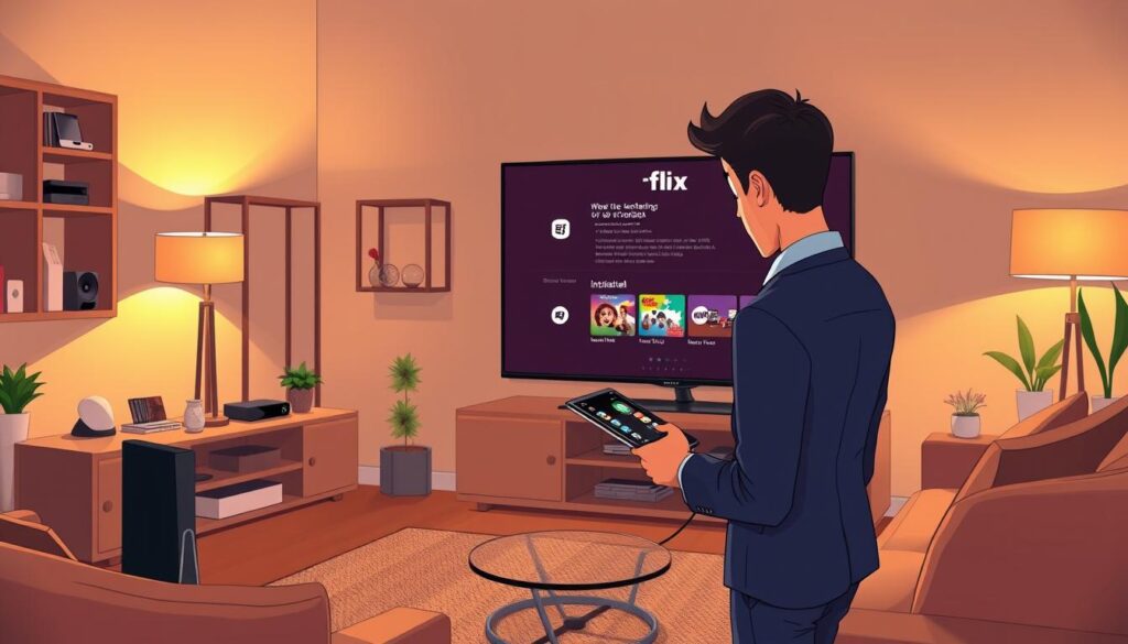 A modern living room setting with a sleek Nvidia Shield connected to a large flat-screen TV displaying the Flix IPTV interface. In the foreground, a young adult in professional business attire is focused on their tablet, following installation steps. The warm, inviting ambiance is illuminated by soft, warm lighting from a lamp in the corner, creating a cozy atmosphere. In the background, shelves filled with smart home devices and decorative plants add depth and context to the environment. The composition should convey a sense of technological ease and home comfort, with a clear emphasis on the device installation process. The angle should be a slightly elevated view, showcasing both the user and the TV screen clearly.