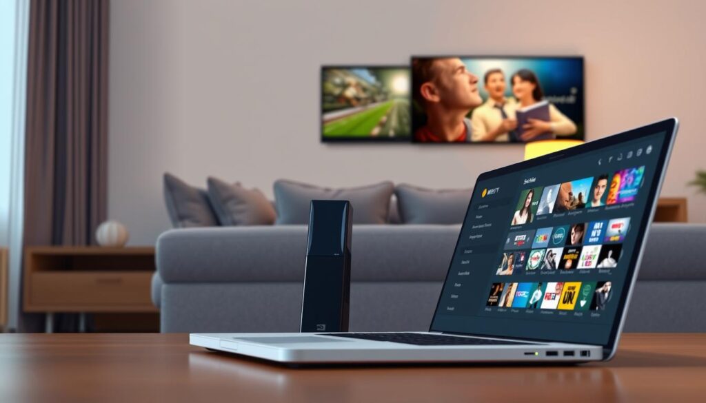 A modern living room setting with a sleek Nvidia Shield prominently displayed on a stylish entertainment unit. In the foreground, a laptop is open with the Smart IPTV application interface visible on screen, showing vibrant TV channel options. The middle ground features a comfortable couch with neatly arranged cushions, and soft lighting emanates from a table lamp, creating a warm, welcoming atmosphere. In the background, a wall-mounted flat-screen TV displays an engaging image from the Smart IPTV app, blending seamlessly with the room decor. The scene is captured at eye level with a slight depth of field effect, enhancing the focus on the devices while maintaining a cozy home environment.