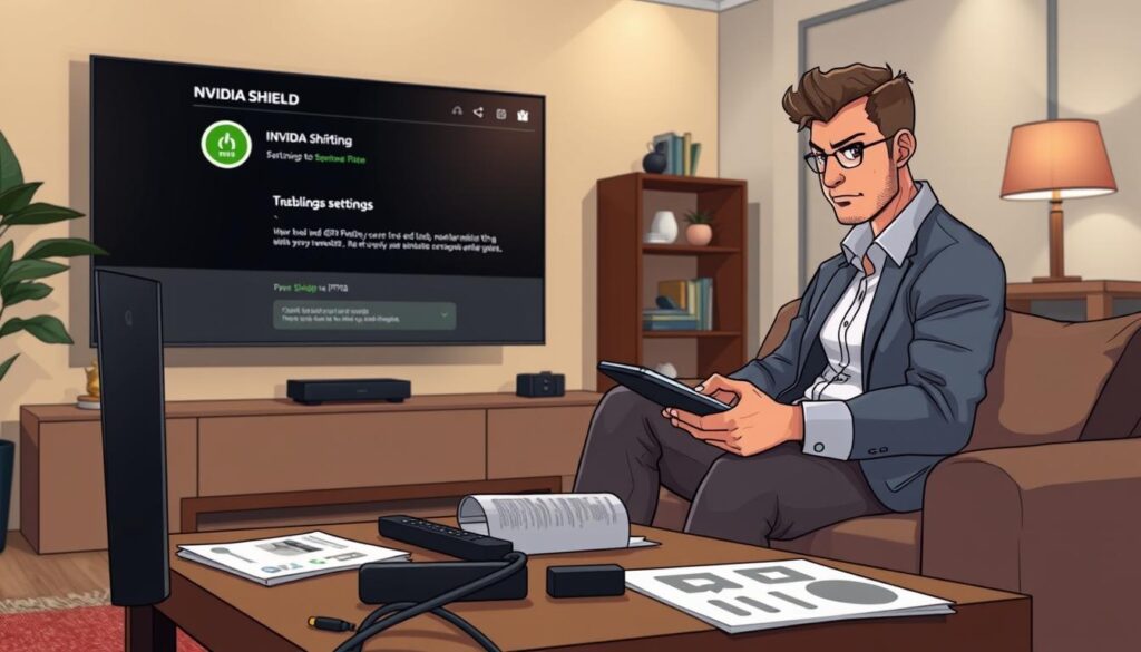 A modern living room setup featuring a high-end NVIDIA Shield and a large screen displaying an IPTV interface with troubleshooting elements like a loading icon and error messages. In the foreground, a focused individual wearing casual business attire is seated on a sofa, inspecting settings on a tablet, looking thoughtful. The middle ground includes a coffee table with technical manuals and tools like a remote control and Ethernet cables scattered about. The background features a stylish bookshelf and soft ambient lighting, creating a calm yet slightly tense atmosphere, conveying the theme of troubleshooting installation issues. The scene is shot with a warm tone, giving a cozy yet professional feel, with a slight depth of field to emphasize the IPTV elements. A modern living room setup featuring a high-end NVIDIA Shield and a large screen displaying an IPTV interface with troubleshooting elements like a loading icon and error messages. In the foreground, a focused individual wearing casual business attire is seated on a sofa, inspecting settings on a tablet, looking thoughtful. The middle ground includes a coffee table with technical manuals and tools like a remote control and Ethernet cables scattered about. The background features a stylish bookshelf and soft ambient lighting, creating a calm yet slightly tense atmosphere, conveying the theme of troubleshooting installation issues. The scene is shot with a warm tone, giving a cozy yet professional feel, with a slight depth of field to emphasize the IPTV elements.