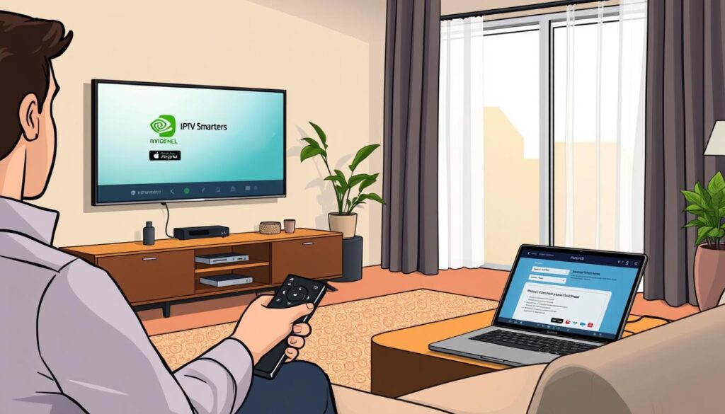 A modern living room setup featuring a sleek NVIDIA Shield connected to a television displaying the IPTV Smarters interface. In the foreground, a user is intently setting up the IPTV connection on the Shield remote, dressed in smart casual attire. The middle ground showcases an elegant TV stand with cable management, alongside a potted plant, and a few decorative items, while an open laptop sits nearby, displaying installation instructions. The background reveals soft, ambient lighting with warm tones, a window letting in natural light, and stylish curtains, creating a cozy atmosphere. The image captures a sense of focus and anticipation, emphasizing the easy setup process for IPTV connections. A modern living room setup featuring a sleek NVIDIA Shield connected to a television displaying the IPTV Smarters interface. In the foreground, a user is intently setting up the IPTV connection on the Shield remote, dressed in smart casual attire. The middle ground showcases an elegant TV stand with cable management, alongside a potted plant, and a few decorative items, while an open laptop sits nearby, displaying installation instructions. The background reveals soft, ambient lighting with warm tones, a window letting in natural light, and stylish curtains, creating a cozy atmosphere. The image captures a sense of focus and anticipation, emphasizing the easy setup process for IPTV connections.